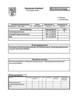 Gemeinde Kalefeld Beschlussvorlage Finanzausschuss 27.11.2018