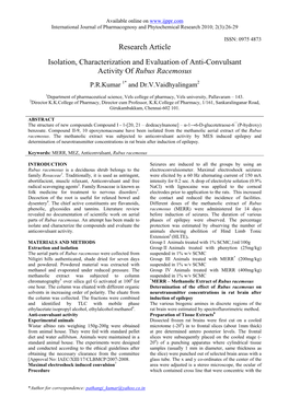 Isolation, Characterization and Evaluation of Anti-Convulsant Activity of Rubus Racemosus