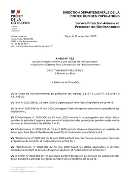 Arrêté Préfectoral D'enregistrement En Date Du 19/11/2020