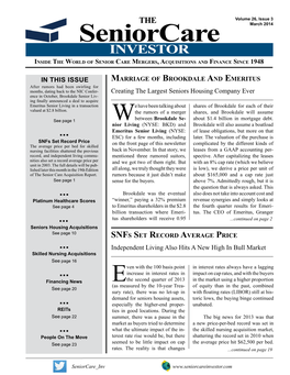 Seniorcare March 2014 INVESTOR Inside the World of Senior Care Mergers, Acquisitions and Finance Since 1948