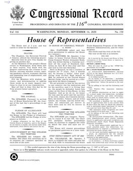 Congressional Record United States Th of America PROCEEDINGS and DEBATES of the 116 CONGRESS, SECOND SESSION