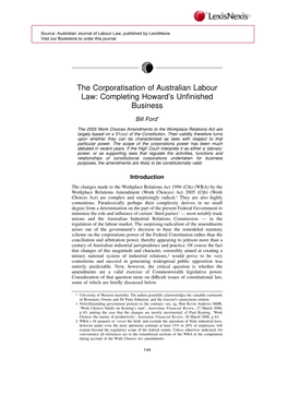 The Corporatisation of Australian Labour Law: Completing Howard's