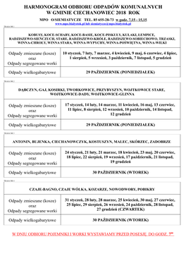 Harmonogram Odbioru Odpadów Komunalnych W Gminie Ciechanowiec 2018 Rok Mpo O/Siemiatycze Tel