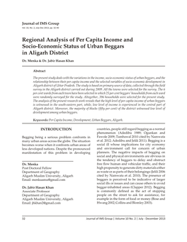 Regional Analysis of Per Capita Income and Socio-Economic Status of Urban Beggars in Aligarh District