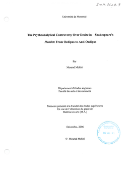 The Psychoanalytical Controversy Over Desire in Shakespeare's Hamtet