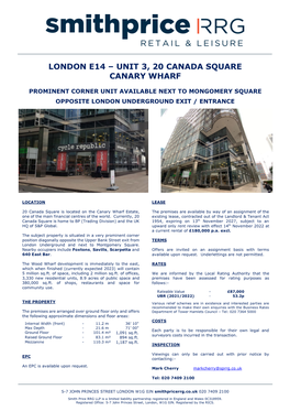 London E14 – Unit 3, 20 Canada Square Canary Wharf