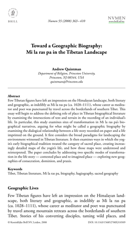 Toward a Geographic Biography: Mi La Ras Pa in the Tibetan Landscape