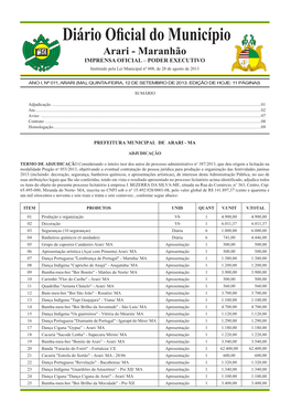 Diário Oficial Do Município Arari - Maranhão IMPRENSA OFICIAL – PODER EXECUTIVO Instituído Pela Lei Municipal Nº 008, De 28 De Agosto De 2013