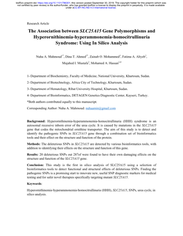 The Association Between SLC25A15 Gene Polymorphisms and Hyperornithinemia‐Hyperammonemia‐Homocitrullinuria Syndrome: Using in Silico Analysis