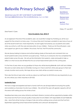 End of Academic Year Letter 2018-19