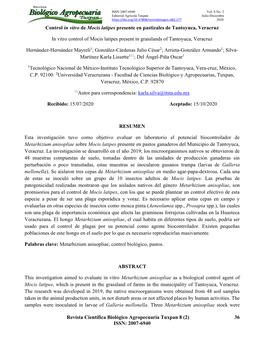 Revista Científica Biológico Agropecuaria Tuxpan 8 (2) 36 ISSN: 2007-6940 Hernández-Hernández Et Al., 2020 Isolated in Potato-Dextrose-Agar Medium