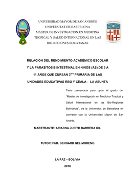 Relación Del Rendimiento Académico Escolar Y La Parasitosis Intestinal En Niños De 5 a 11