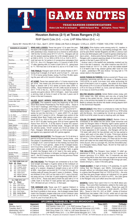Houston Astros (2-1) at Texas Rangers (1-2) RHP Gerrit Cole (0-0, —) Vs