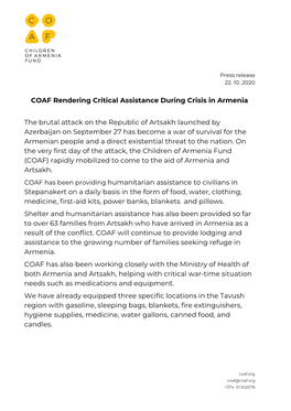 COAF Rendering Critical Assistance During Crisis in Armenia