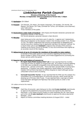 Minutes of Meeting of the Council Monday 13 September 2010 at Linkinhorne Parish Hall, 7.30Pm MINUTES