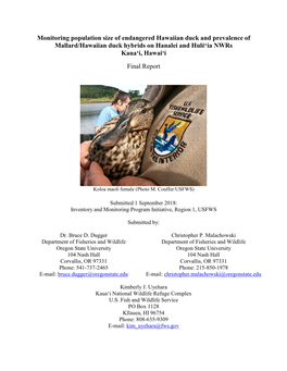 Monitoring Population Size of Endangered Hawaiian Duck and Prevalence of Mallard/Hawaiian Duck Hybrids on Hanalei and Hulē‘Ia Nwrs Kaua‘I, Hawai‘I Final Report