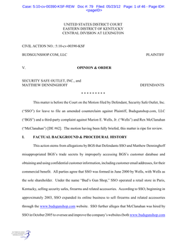 UNITED STATES DISTRICT COURT EASTERN DISTRICT of KENTUCKY CENTRAL DIVISION at LEXINGTON CIVIL ACTION NO.: 5:10-Cv-00390-KSF BUDS