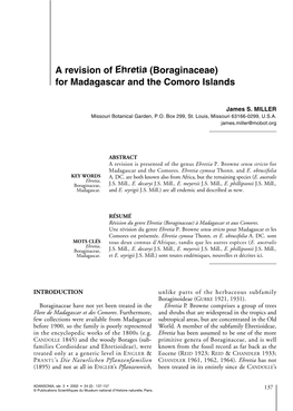 A Revision of Ehretia (Boraginaceae) for Madagascar and the Comoro Islands