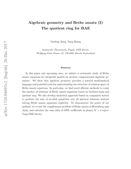 Algebraic Geometry and Bethe Ansatz (I) the Quotient Ring For