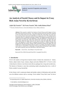 An Analysis of Social Classes and Its Impact in Crazy Rich Asian Novel by Kevin Kwan