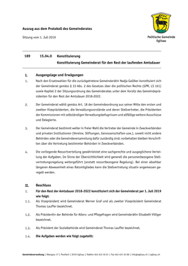 Auszug Aus Dem Protokoll Des Gemeinderates 189 15.04.0 Konstituierung Konstituierung Gemeinderat Für Den Rest Der Laufenden