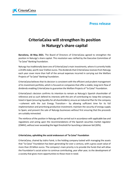 Criteriacaixa Will Strengthen Its Position in Naturgy's Share Capital