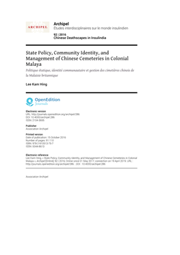 State Policy, Community Identity, and Management of Chinese Cemeteries in Colonial Malaya