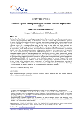 Scientific Opinion on the Pest Categorisation of Candidatus Phytoplasma Solani1