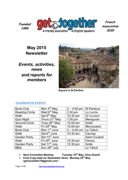 May 2015 Newsletter Events, Activities, News and Reports for Members