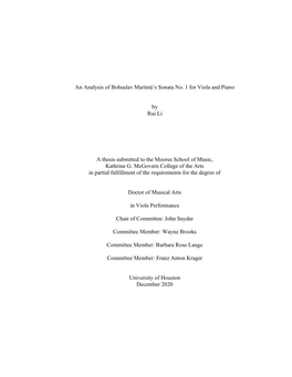 An Analysis of Bohuslav Martinů's Sonata No. 1 for Viola and Piano By