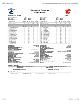 NHL - Game Notes
