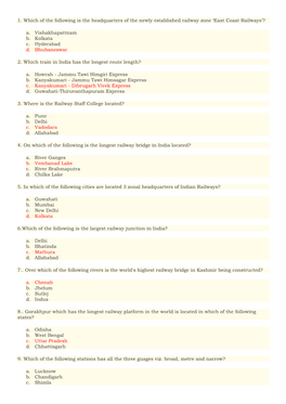 1. Which of the Following Is the Headquarters of the Newly Established Railway Zone 'East Coast Railways'? A. Vishakhapattna