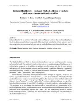 Indium(III) Chloride – Catalyzed Michael Addition of Thiols to Chalcones : a Remarkable Solvent Effect