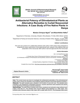 Antibacterial Potency of Ethnobotanical Plants As Alternative Remedies to Curtail Nosocomial Infections: a Case Study of Five Native Plants in Kenya