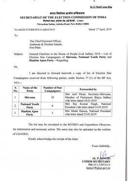 Ergttrrqfi3trq}Rrtfuerrq SECRETARIAT of the ELECTION COMMISSION of INDIA Ffiqa Ufi, 3Rqt6l Rts, N€ Fffi - I Toool Nirvachan Sadan, Ashoka Road, New Delhi-110001