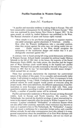 Pacifist-Neutralism in Western Europe by Joris J.C. Voorhoeve