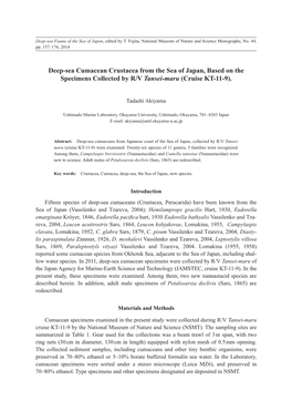 Deep-Sea Cumacean Crustacea from the Sea of Japan, Based on the Specimens Collected by R/V Tansei-Maru (Cruise KT-11-9)