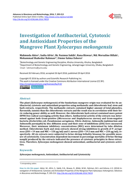 Investigation of Antibacterial, Cytotoxic and Antioxidant Properties of the Mangrove Plant Xylocarpus Mekongensis