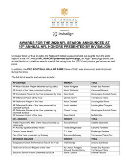 AWARDS for the 2020 NFL SEASON ANNOUNCED at 10Th ANNUAL NFL HONORS PRESENTED by INVISALIGN