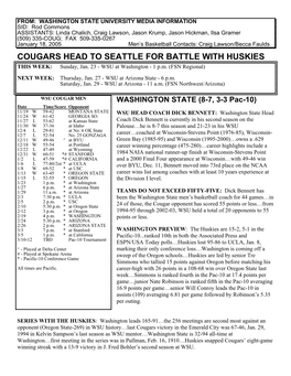 COUGARS HEAD to SEATTLE for BATTLE with HUSKIES THIS WEEK: Sunday, Jan