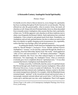 A Sixteenth-Century Anabaptist Social Spirituality (The Conrad Grebel Review, Fall 2004)