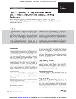 Ly6e/K Signaling to Tgfb Promotes Breast Cancer Progression, Immune Escape, and Drug Resistance Midrar Alhossiny1, Linlin Luo2, William R