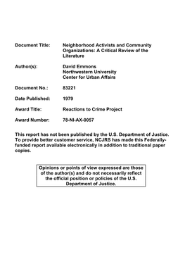 Neighborhood Activists and Community Organizations: a Critical Review of the Literature