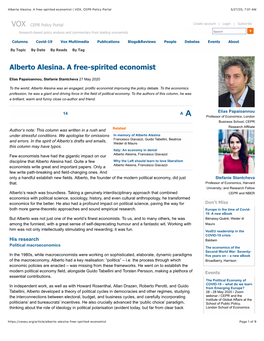 Alberto Alesina. a Free-Spirited Economist | VOX, CEPR Policy Portal 5/27/20, 7�01 AM