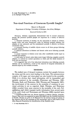 Non-Visual Functions of Crustacean Eyestalk Ganglia*