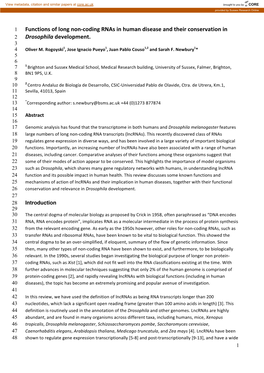 Functions of Long Non-Coding Rnas in Human Disease and Their Conservation in 2 Drosophila Development