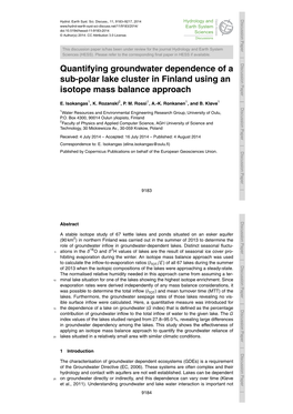 Quantifying Groundwater Dependence of a Sub-Polar Lake Cluster in Finlandisotope Using Mass an Balance Approach E