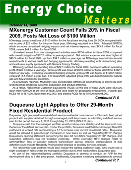 Mxenergy Customer Count Falls 20% in Fiscal 2009, Posts Net Loss