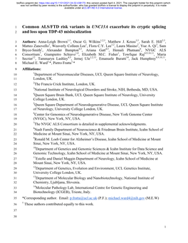 Common ALS/FTD Risk Variants in UNC13A Exacerbate Its Cryptic Splicing 2 and Loss Upon TDP-43 Mislocalization