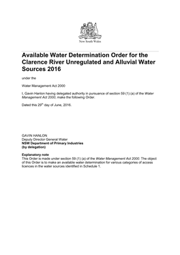 Available Water Determination Order for the Clarence River Unregulated and Alluvial Water Sources 2016